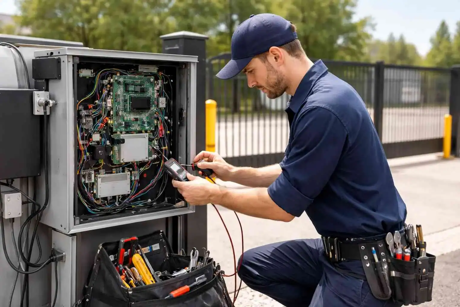 Technician repairing an electrical gate control box outdoors.
