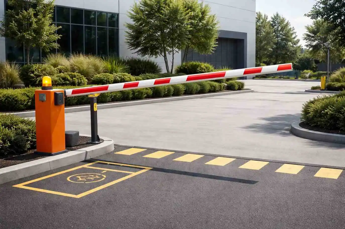 Automated parking gate with barrier arm in a commercial area.