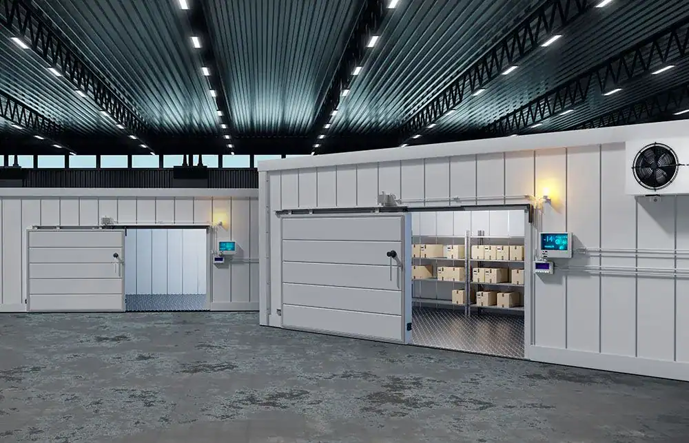 Modern commercial garage doors in a spacious warehouse setting.