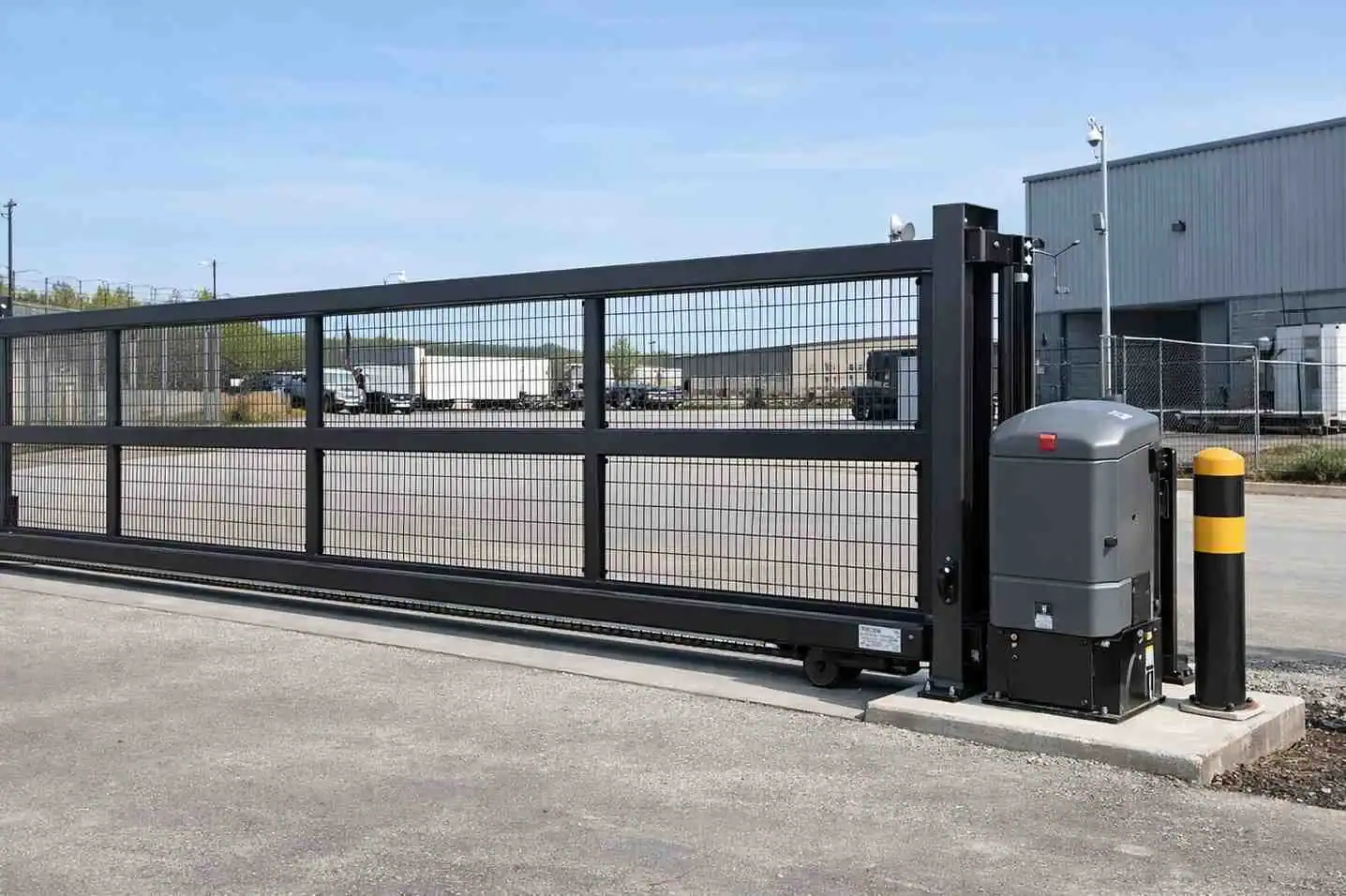 Automated black metal sliding gate with motor for commercial property.