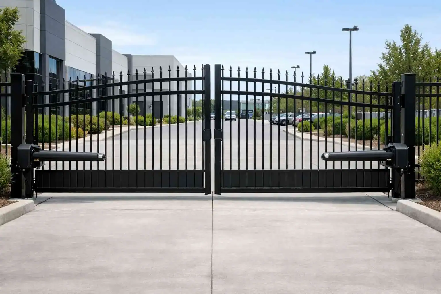 Secure black metal commercial gate with automatic openers in St Louis.