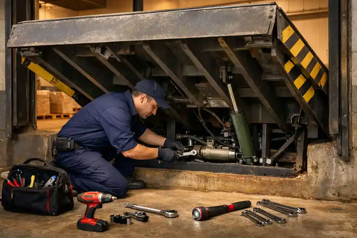 Technician repairing loading dock mechanism in St Louis facility.