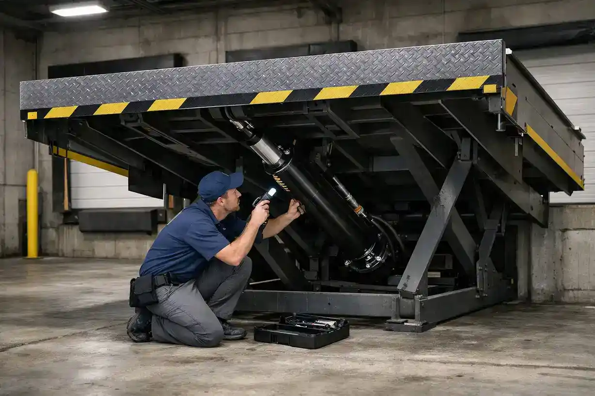 Technician repairing loading dock hydraulic system in St Louis warehouse.