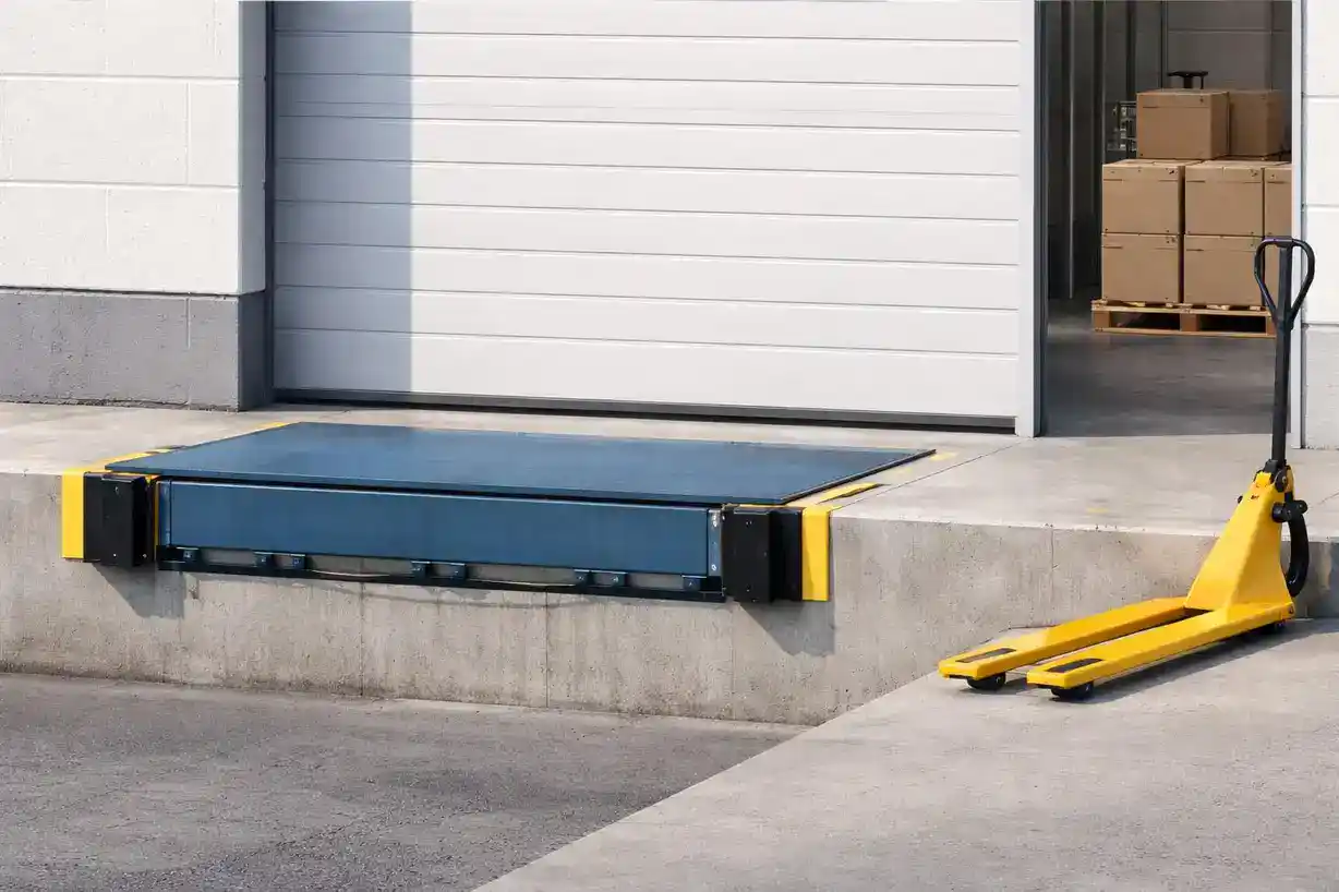 Loading dock with hydraulic lift and pallet jack in St Louis.