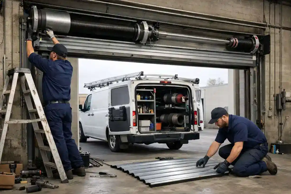 Technicians repairing loading dock door in St Louis warehouse.