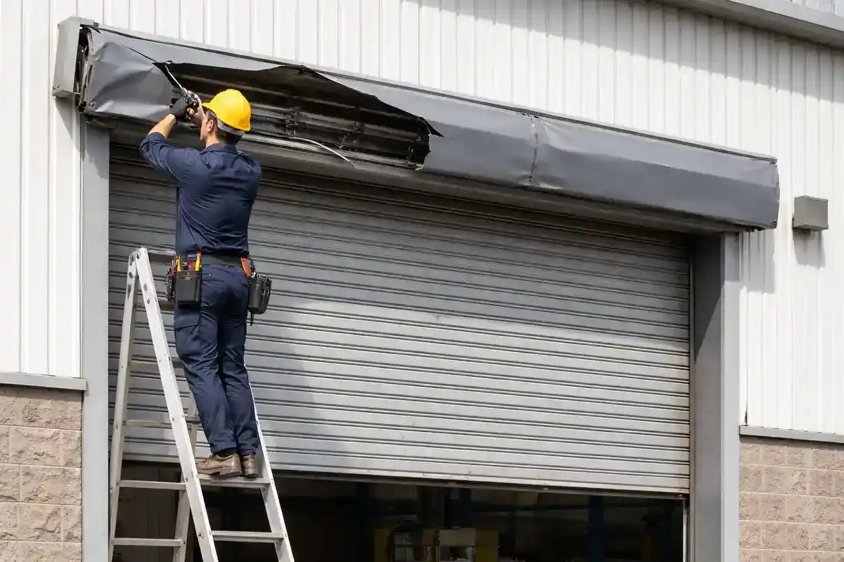 Technician repairing loading dock door in St Louis facility.