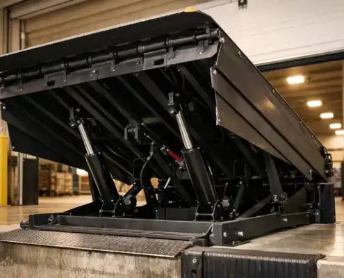 Heavy-duty loading dock leveler in a warehouse for repair services.