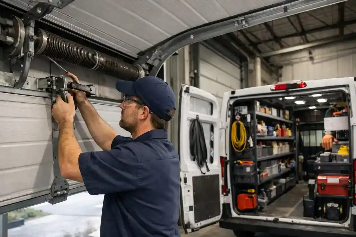 Technician repairing loading dock door in St Louis warehouse.
