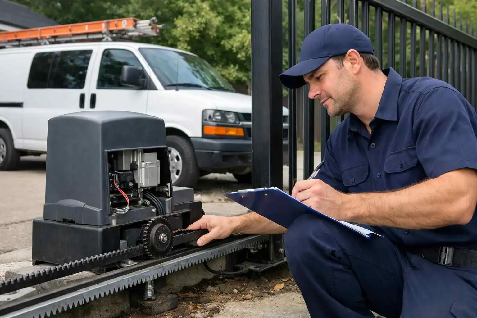 Technician inspecting and repairing a commercial gate with a control system.