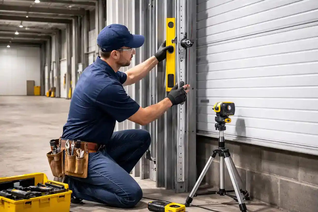 Technician repairing loading dock door with level and tools in warehouse.