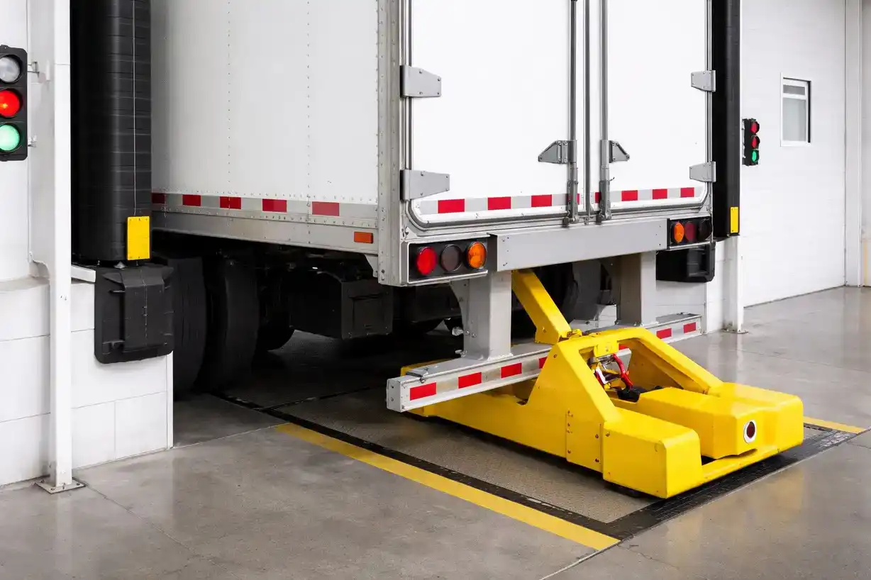 Heavy-duty truck restraint system at loading dock for safety and security.
