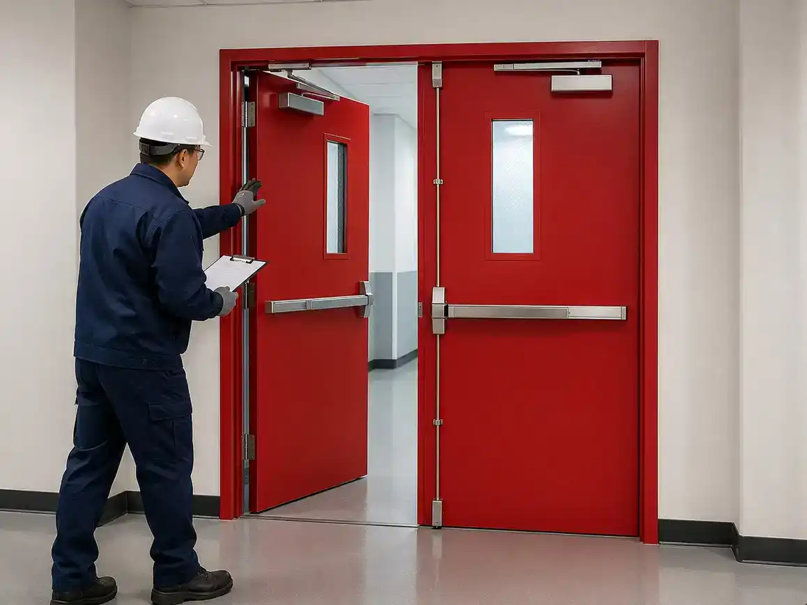 Technician testing fire door drop mechanism for safety compliance.