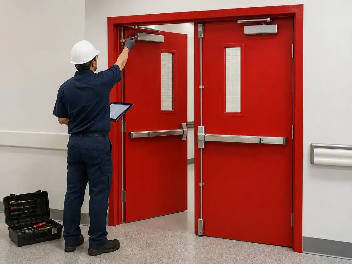 Technician testing fire door drop mechanism for safety compliance.