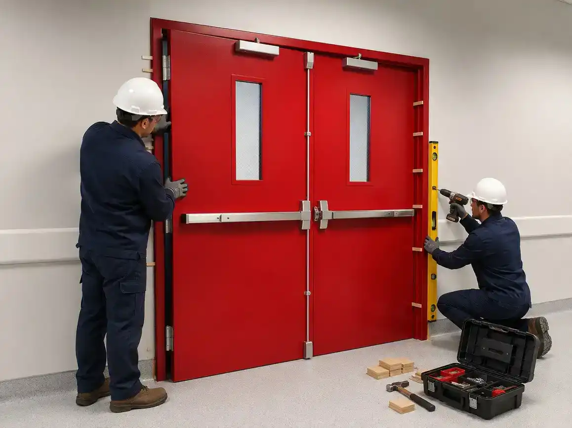 Fire door drop testing in progress with Kodiak Equipment tools and personnel.