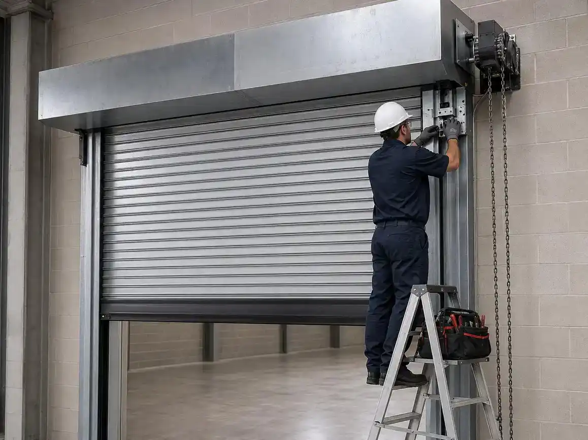 Technician testing fire door drop mechanism in industrial setting.
