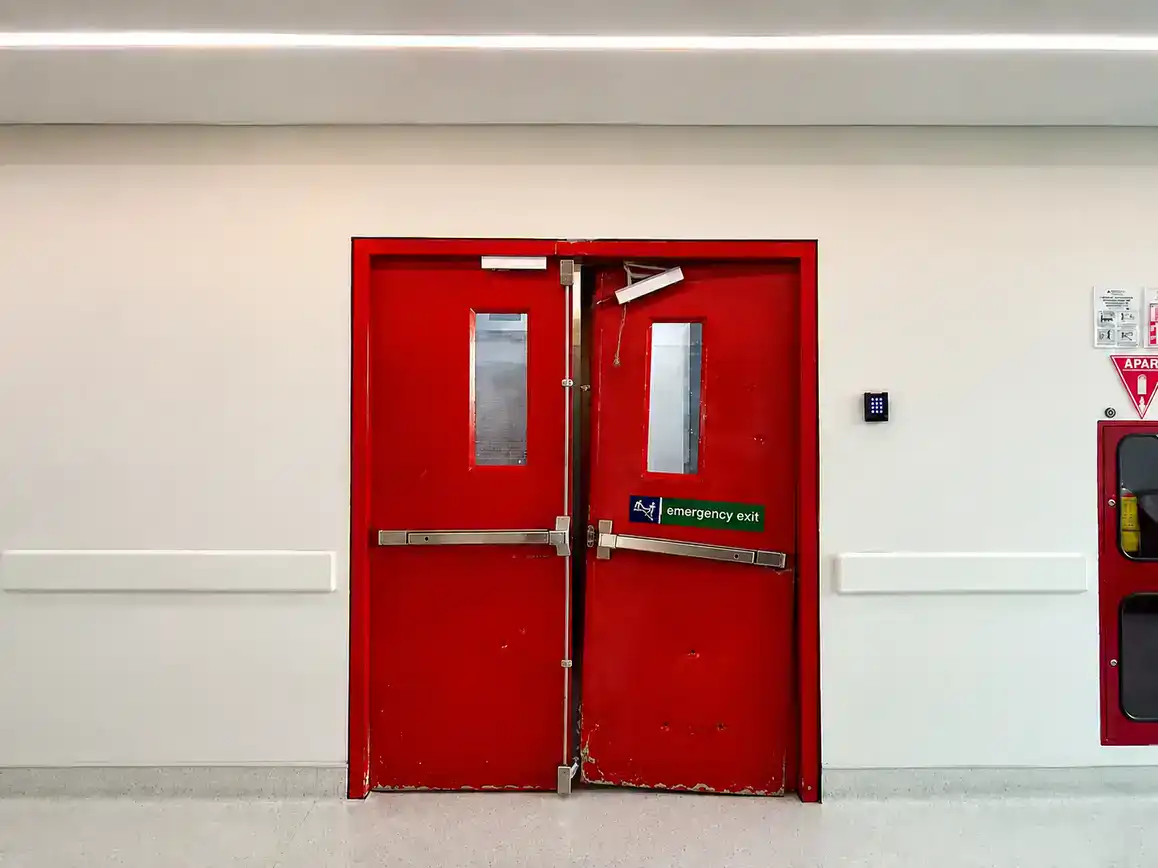 Red fire door with drop testing equipment in a commercial building.