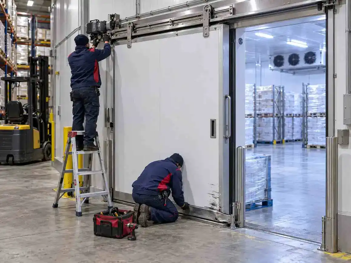 Technicians installing a cold storage door in a warehouse.