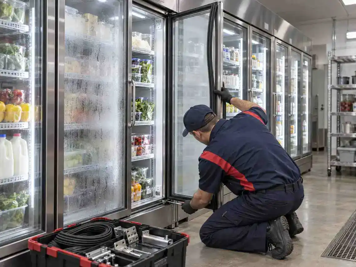 Technician installing or repairing commercial cold storage doors in a grocery store.