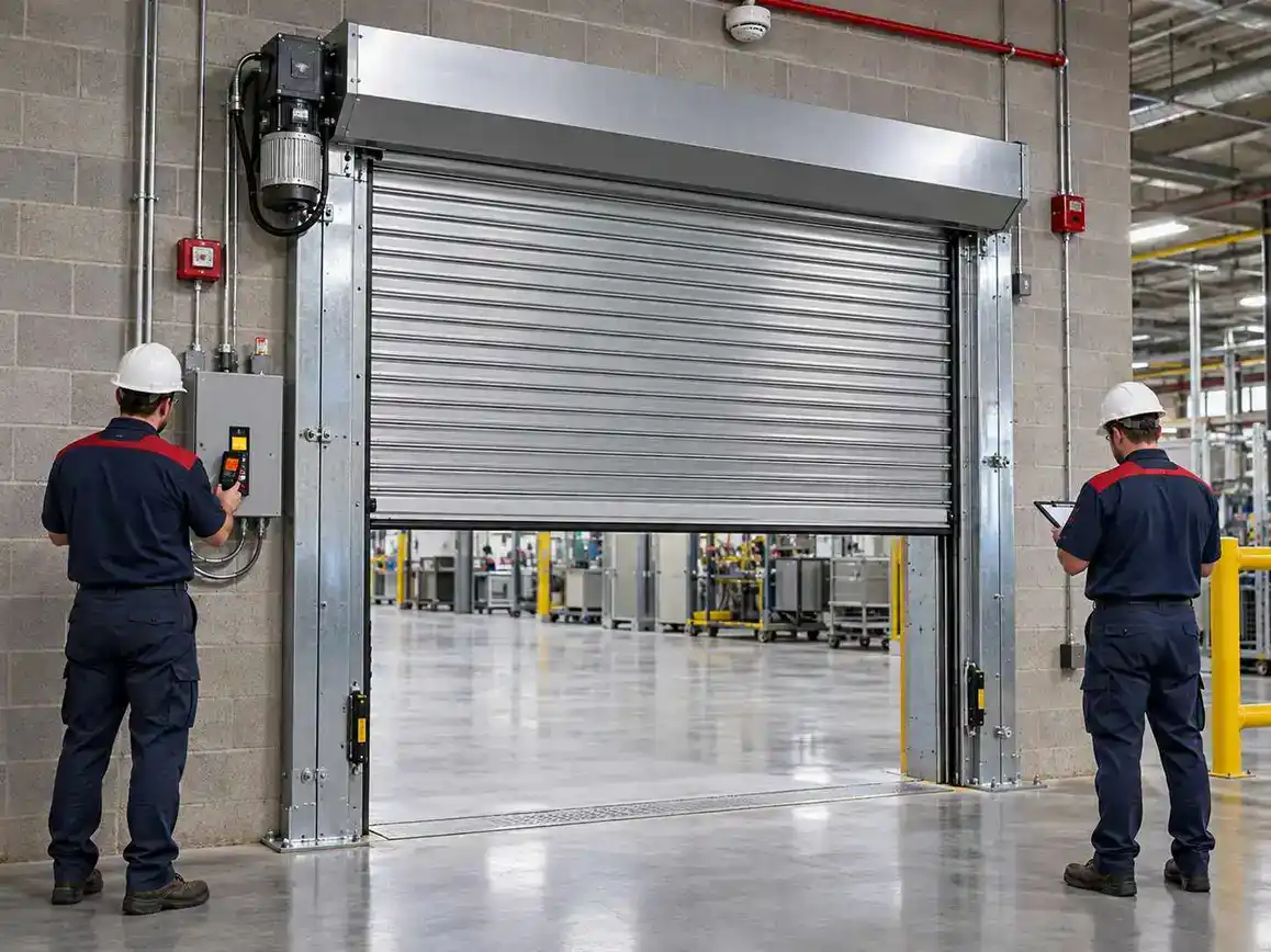 Industrial roll-up door with two workers operating controls in a factory.