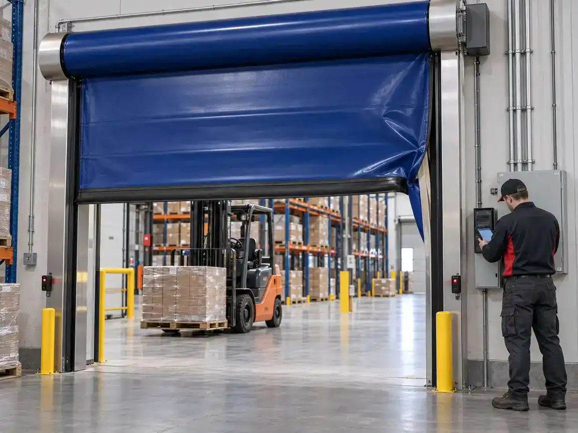 Industrial roll-up door in warehouse with forklift and worker.
