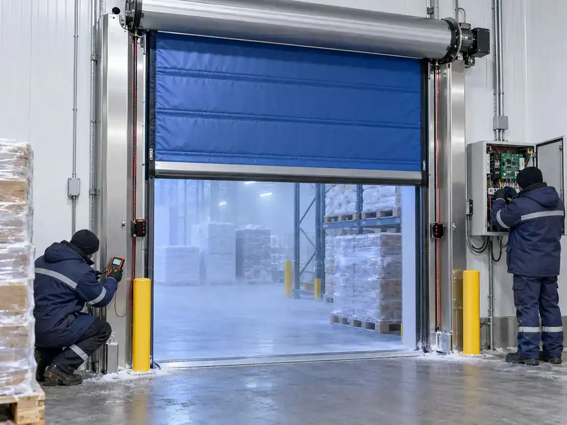 Technicians installing a blue industrial roll-up door in a warehouse.