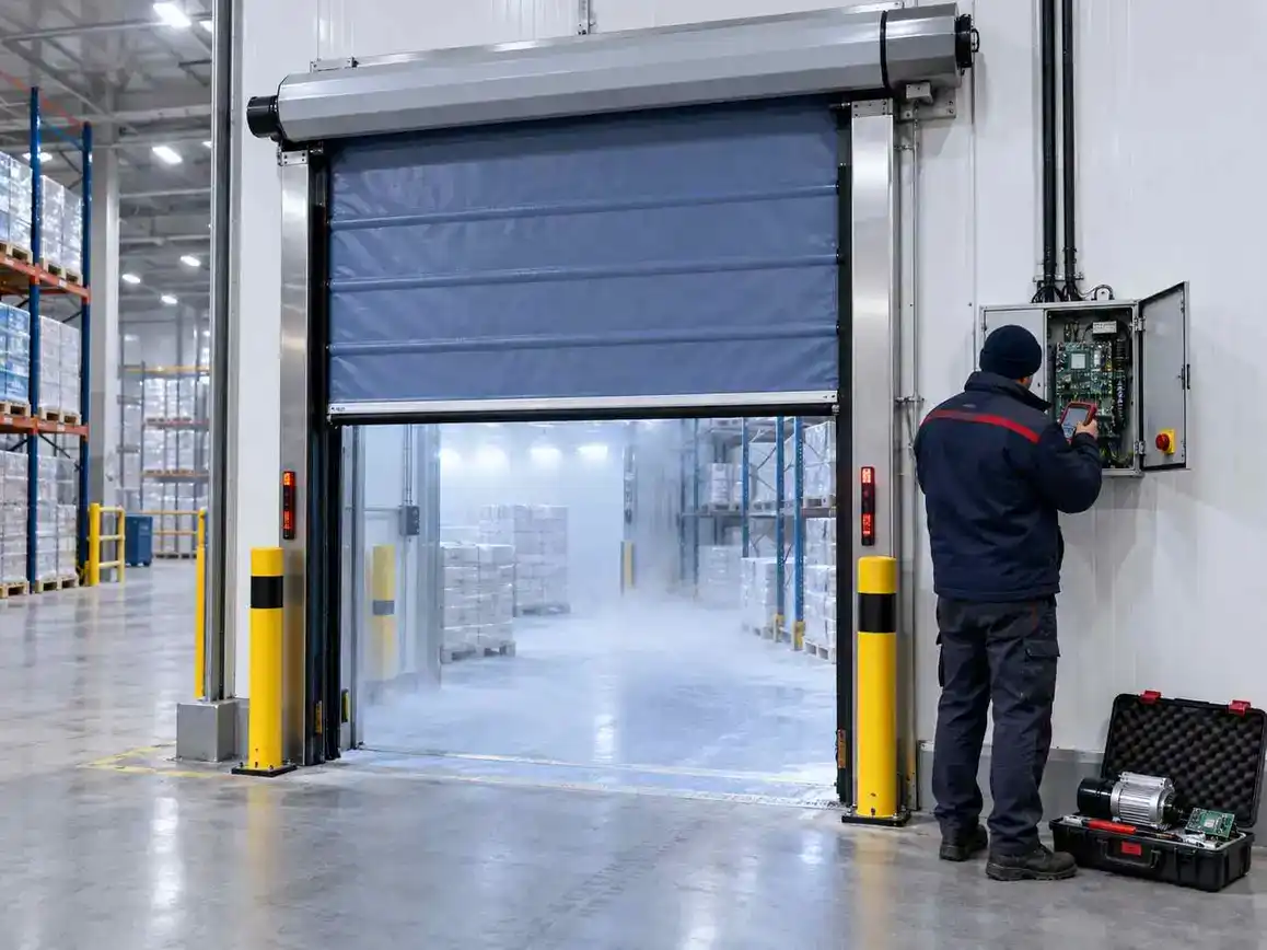 Cold storage roll-up door in warehouse with technician operating control panel.