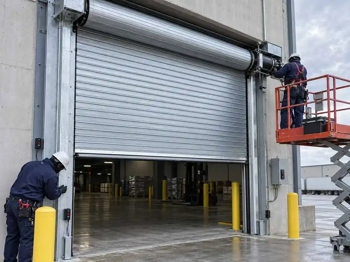Technicians installing a large industrial roll-up door at a warehouse.