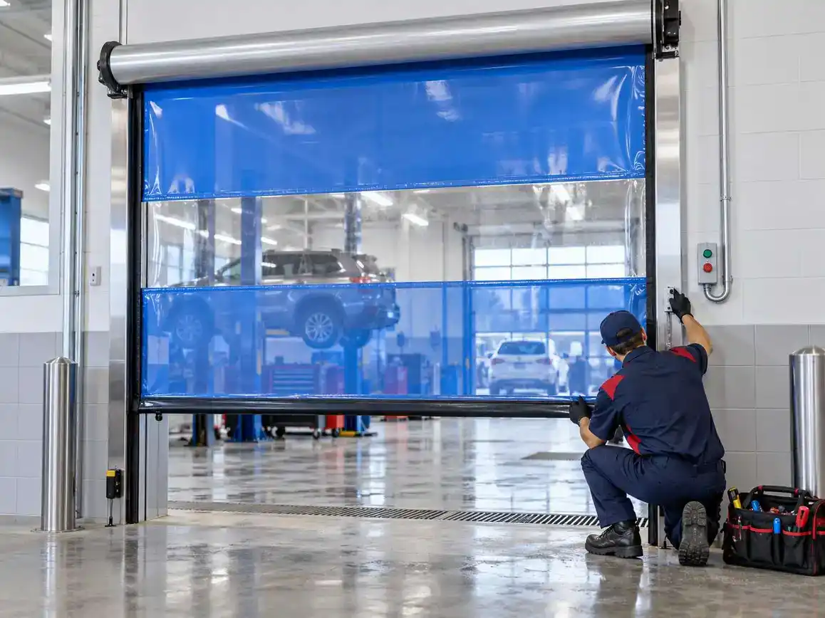Technician installing a blue industrial roll-up door in a garage.