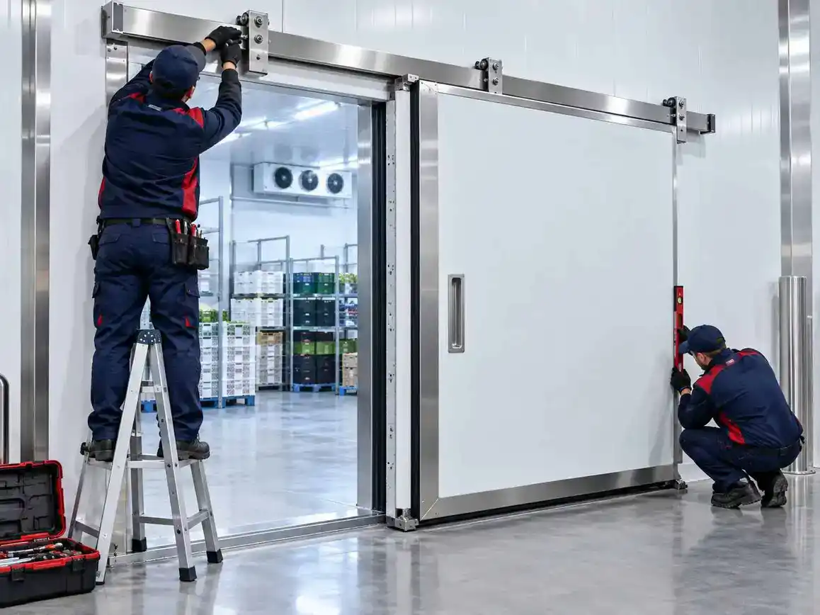 Technicians installing a cold storage door in a commercial facility.