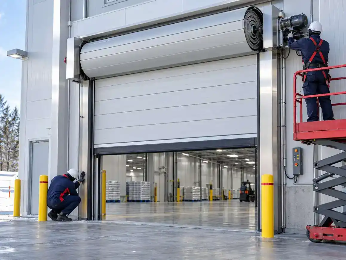 Industrial roll-up door installation by Kodiak Equipment Services.