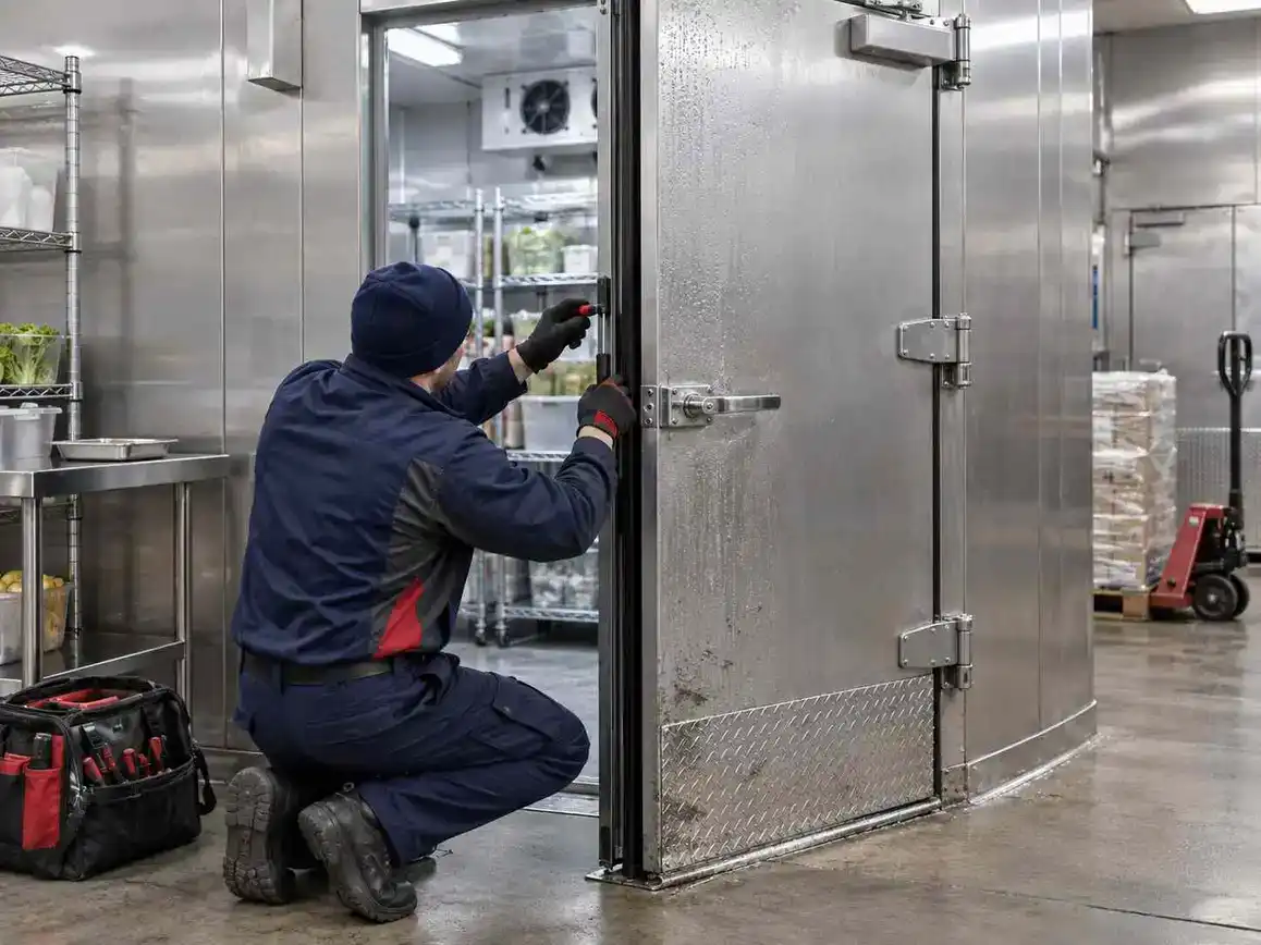 Technician repairing a cold storage door in a commercial facility.