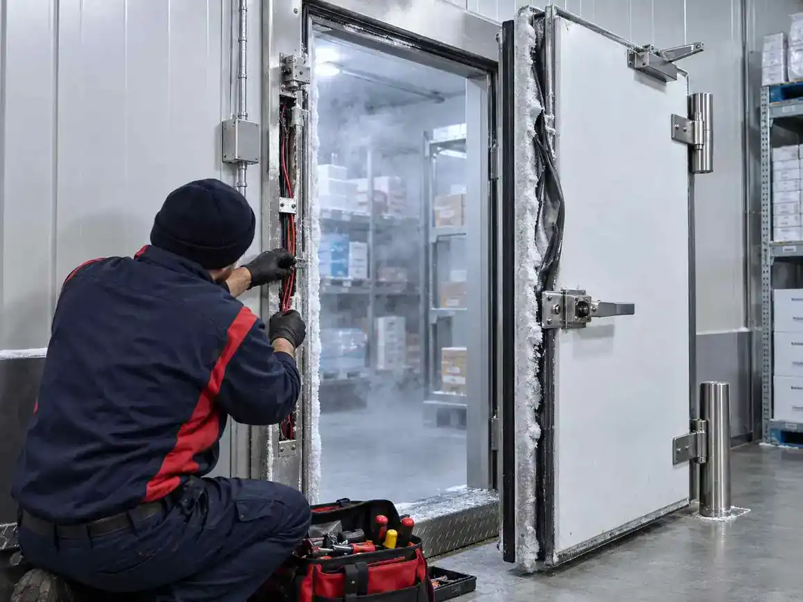 Technician repairing cold storage door in industrial facility.
